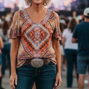 INC top tribal western rodeo cold shoulder "bling" knit - M